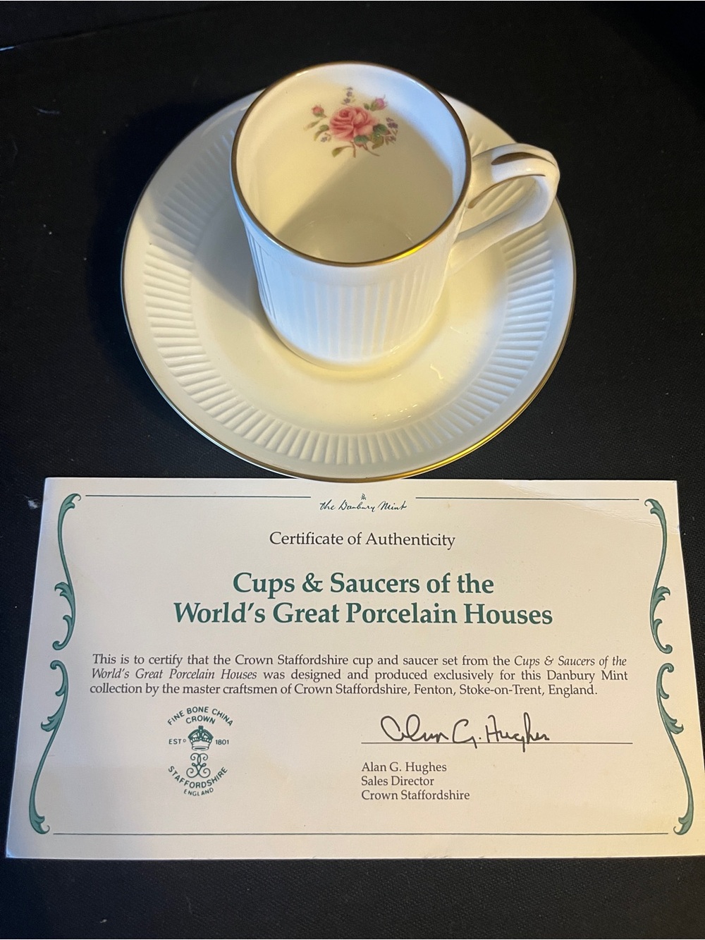 Vintage Danbury Mint Crown Staffordshire Rose Demitasse Cup & Saucer in Box